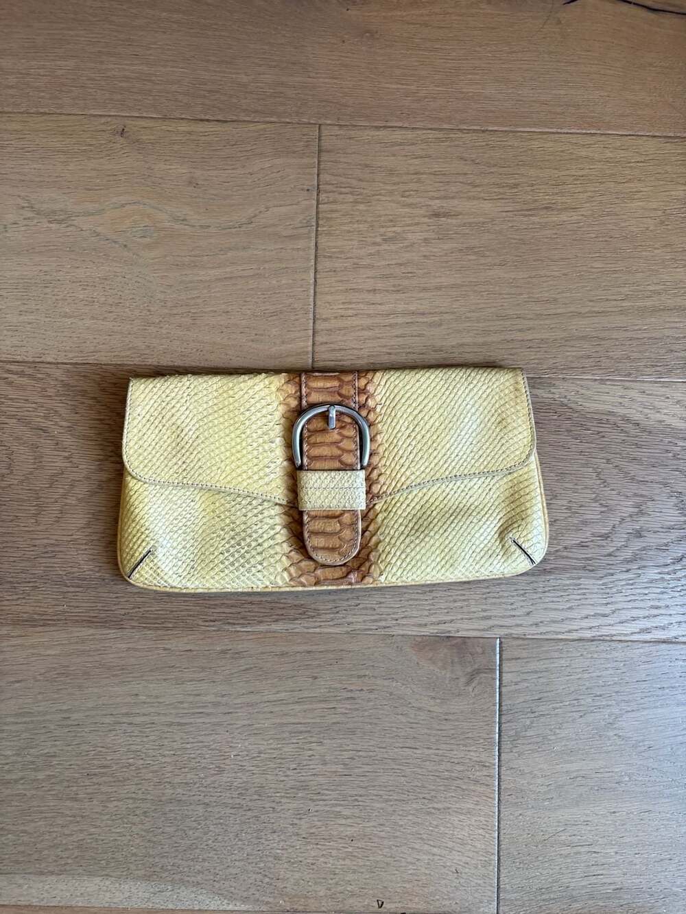 Christopher Kon Yellow & Brown Snakeskin Python Buckle Clutch Bag